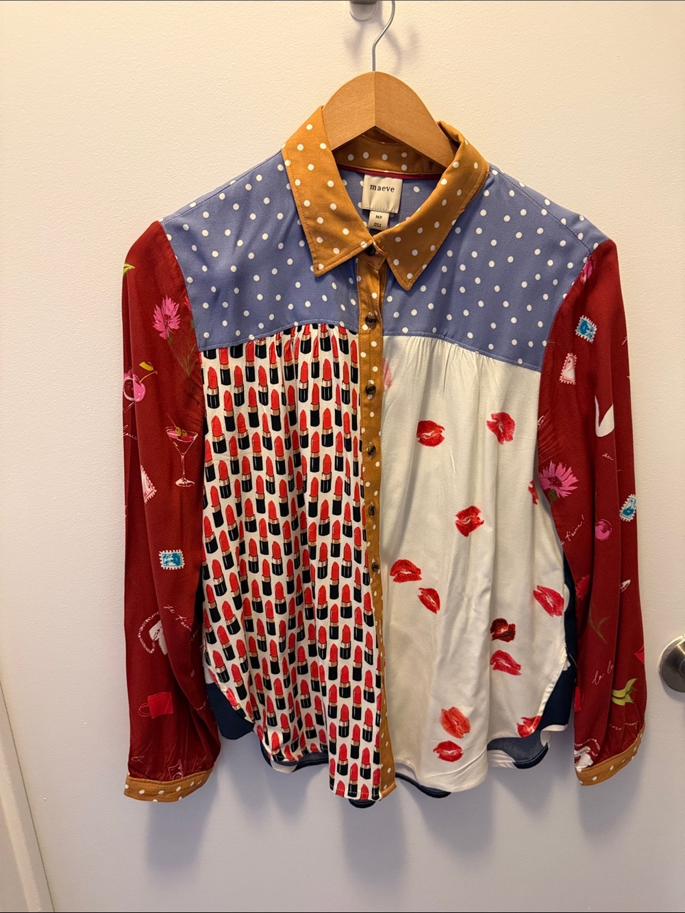 Maeve Multi-Print Button-Up Blouse in Blue, Red & Cream with Mustard Collar
